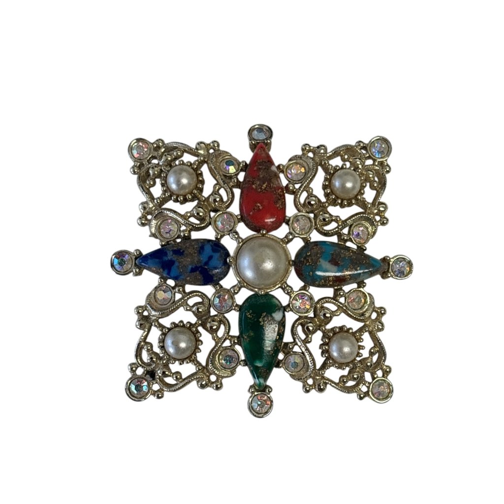 Vintage Sarah Coventry Multicolored Rhinestone & Faux Pearl Brooch